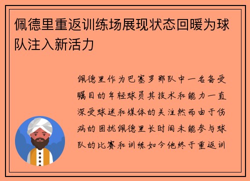 佩德里重返训练场展现状态回暖为球队注入新活力